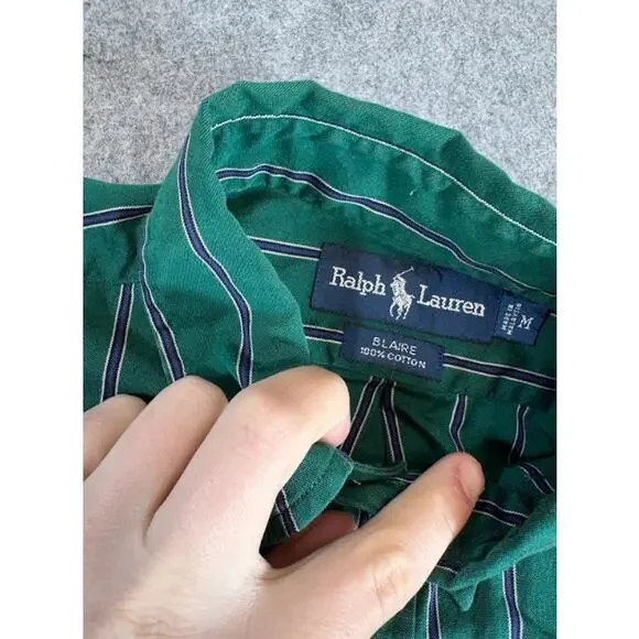 VTG 90s Ralph Lauren Blaire Stripe Button Down Shirt Mens M Green Patched Preppy - Picture 4 of 7